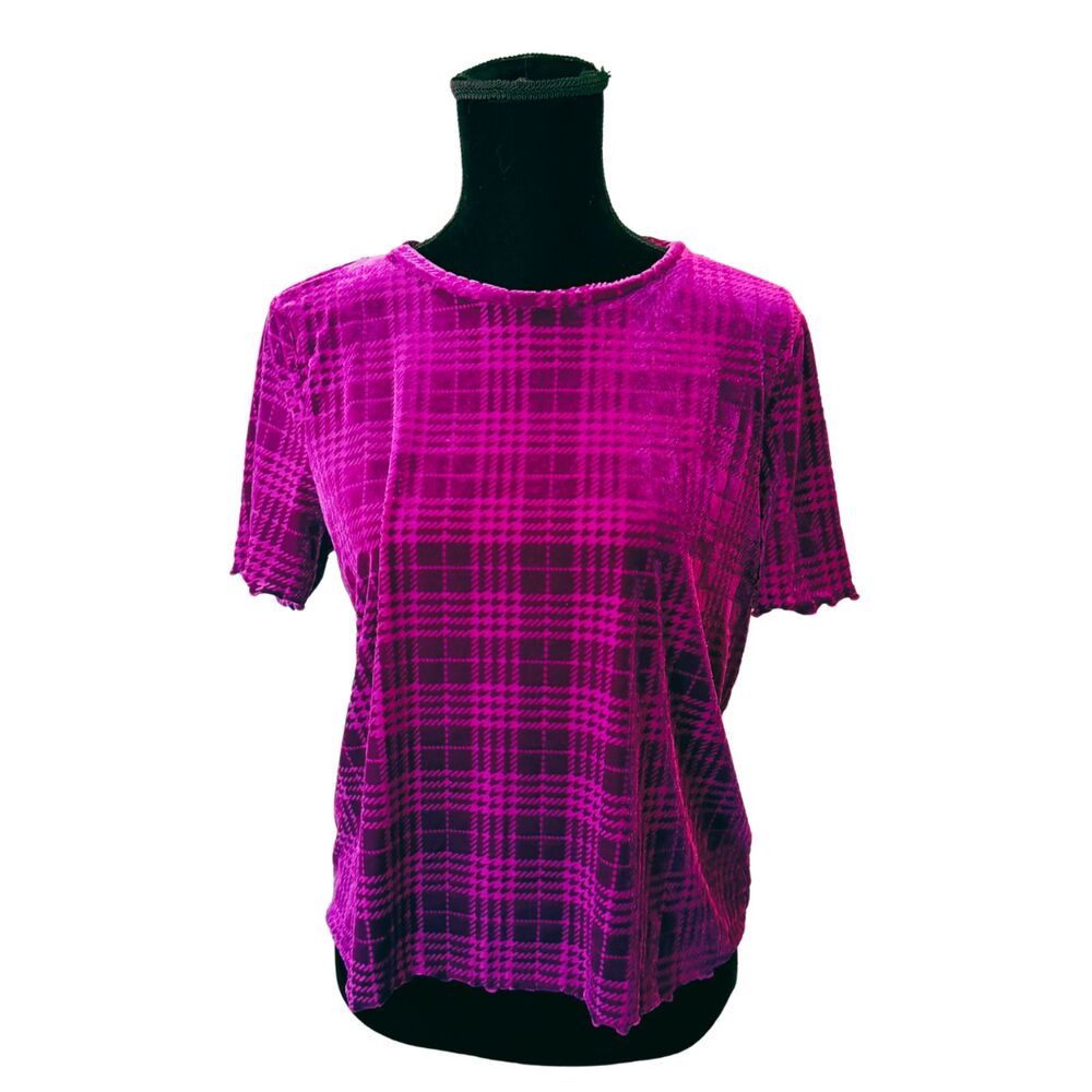 NINE WEST Y2K Purple Plum Velvet Houndstooth Plaid Short Sleeve Top Ruffle Hem L